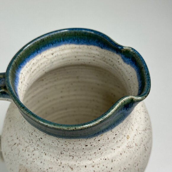 Russell Wood Speckled Ceramic Pitcher With Hand-Painted Floral Design & Blue Rim - Picture 5 of 10
